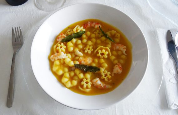 Pasta Cuomo flowers with pumpkin and shrimps